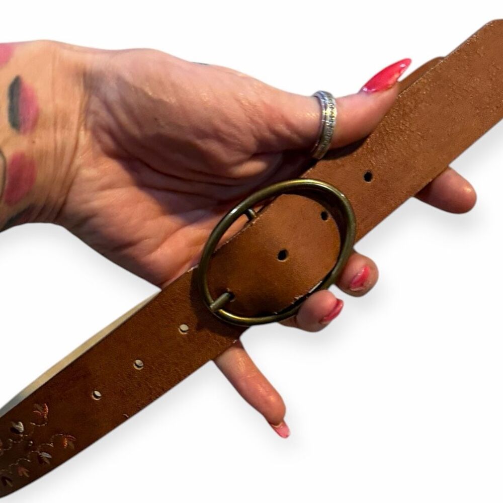 Boho Embroidered Faux Leather Belt Brown Oval Buckle Women’s 42”